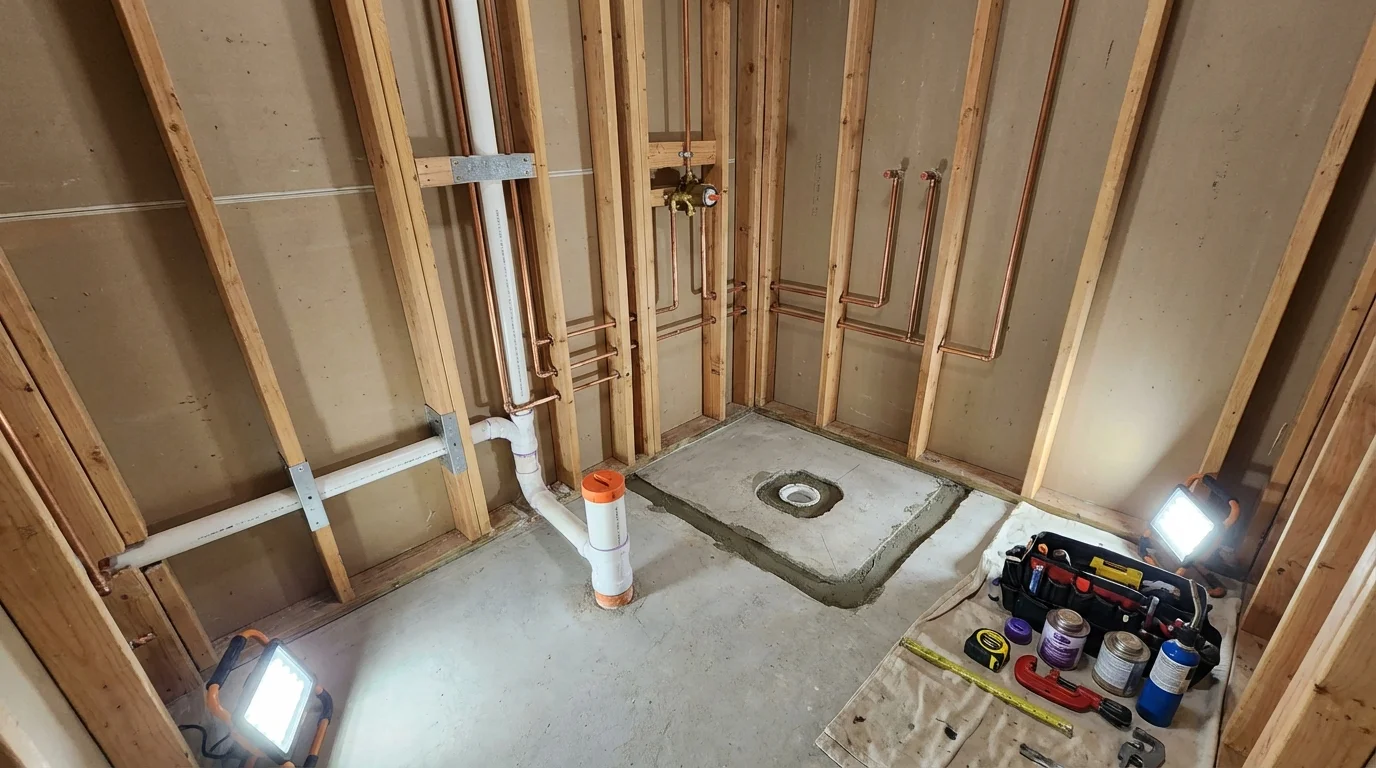 Bathroom rough-in plumbing during remodel by Johns Plumbing LLC in Horseshoe Bend