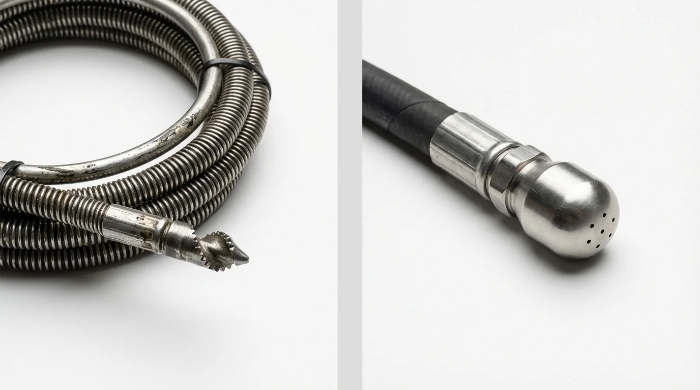 Drain snake cable and hydro jetting nozzle used for drain cleaning in Horseshoe Bend, AR