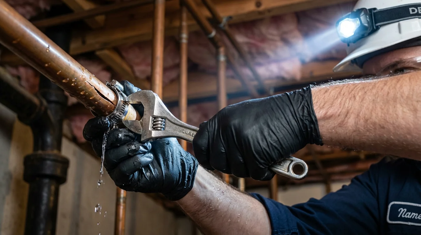 Emergency pipe clamp repair being performed by a Johns Plumbing LLC plumber in Horseshoe Bend