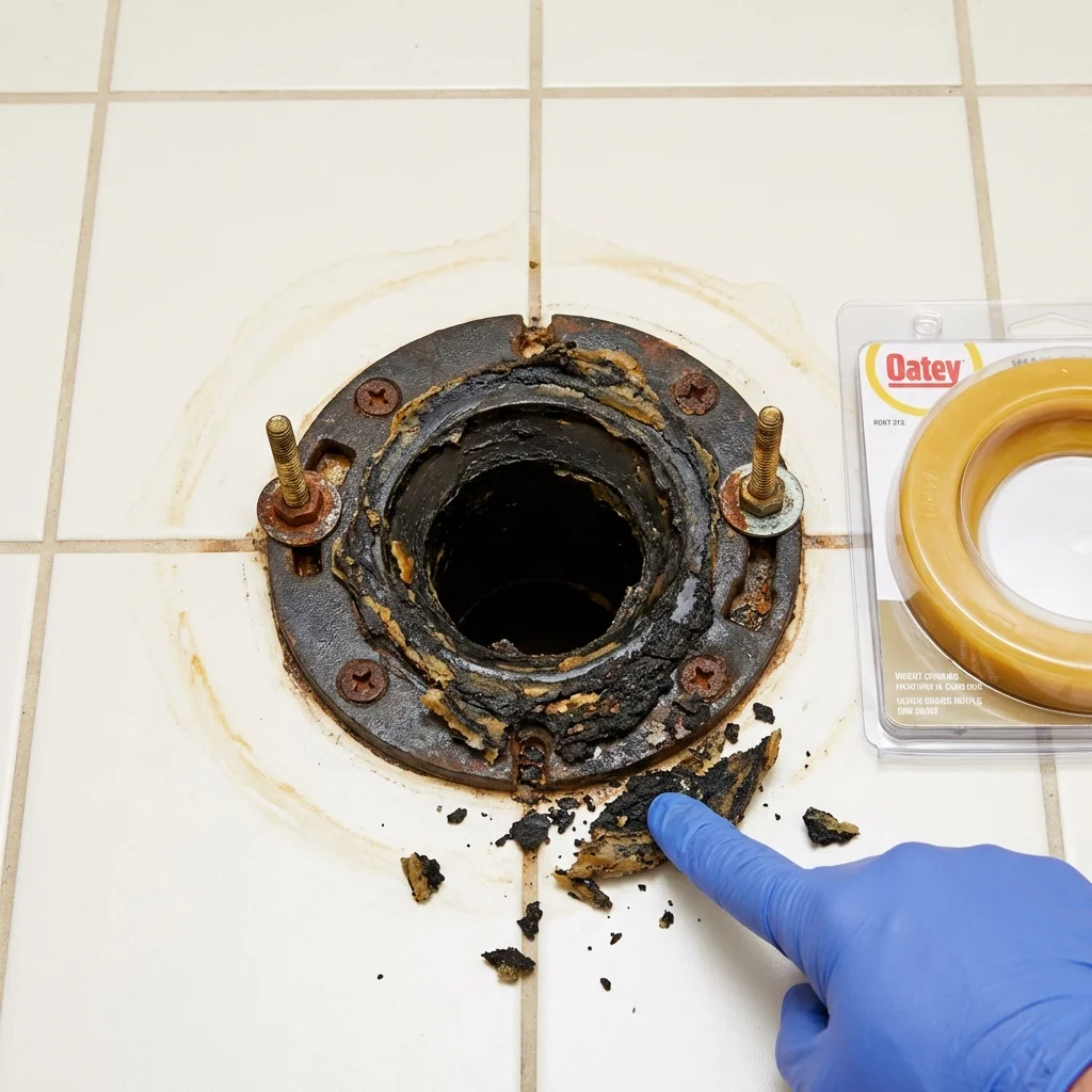 Failed wax ring showing water seepage at the base of a toilet in a Horseshoe Bend, AR home