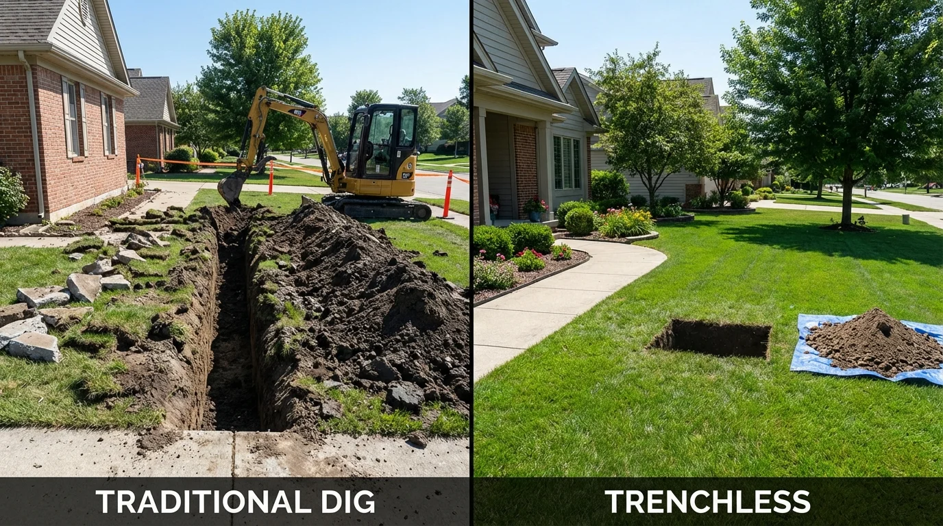 Trenchless sewer repair with minimal yard damage versus traditional excavation in Horseshoe Bend, AR