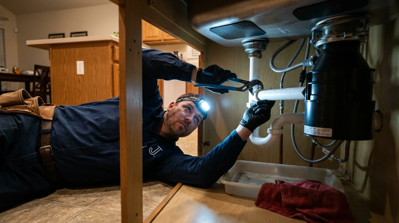 P-trap and supply line connections under a kitchen sink showing a common leak point in Horseshoe Bend, AR